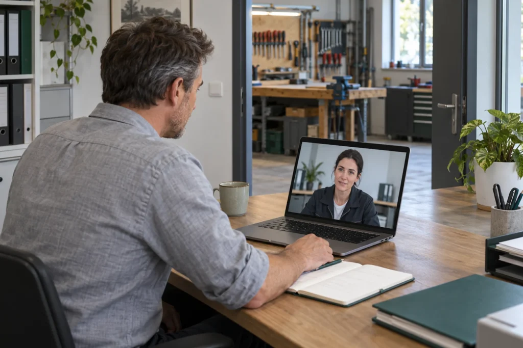 Geschäftsführer im Videogespräch mit der Fachkraft für Arbeitssicherheit, im Hintergrund die Werkstatt des Betriebs