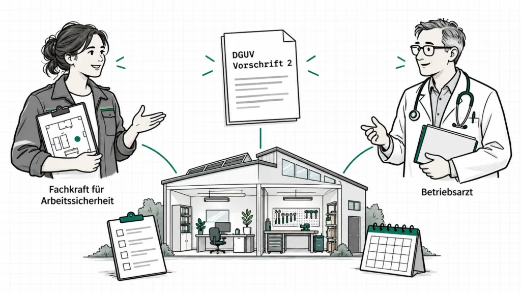 Illustration: Fachkraft für Arbeitssicherheit und Betriebsarzt betreuen gemeinsam einen Betrieb nach DGUV Vorschrift 2