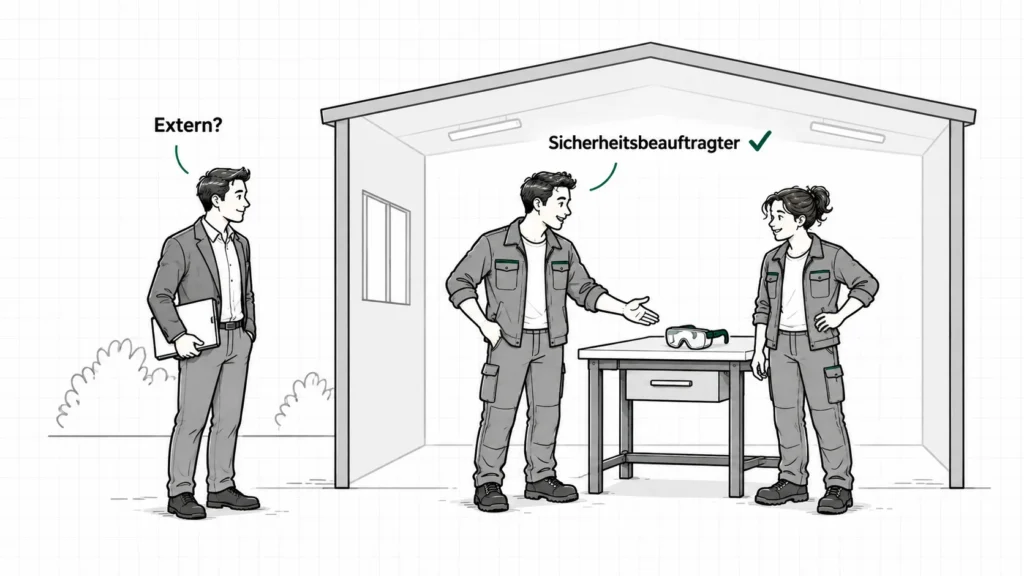 Illustration: Ein externer Berater steht vor der Halle mit der Frage „Extern?“, im Betrieb ist ein Beschäftigter als Sicherheitsbeauftragter bestellt